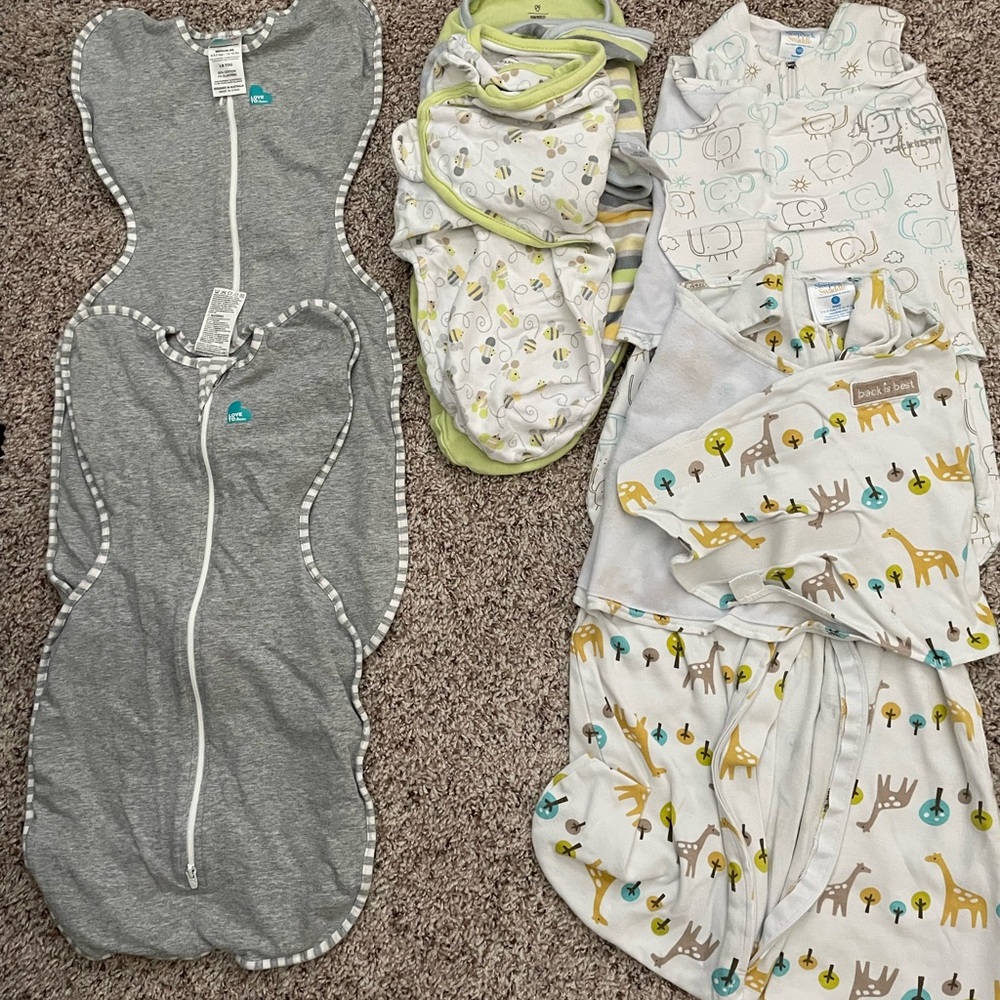 Baby bundle: swaddles, socks, hats, sleepers onesies (Newborn, 0-3m, 3-6m)